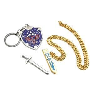 Stainless Legend of Zelda Master Sword & Shield Necklace Keychain Gift Set - NEW